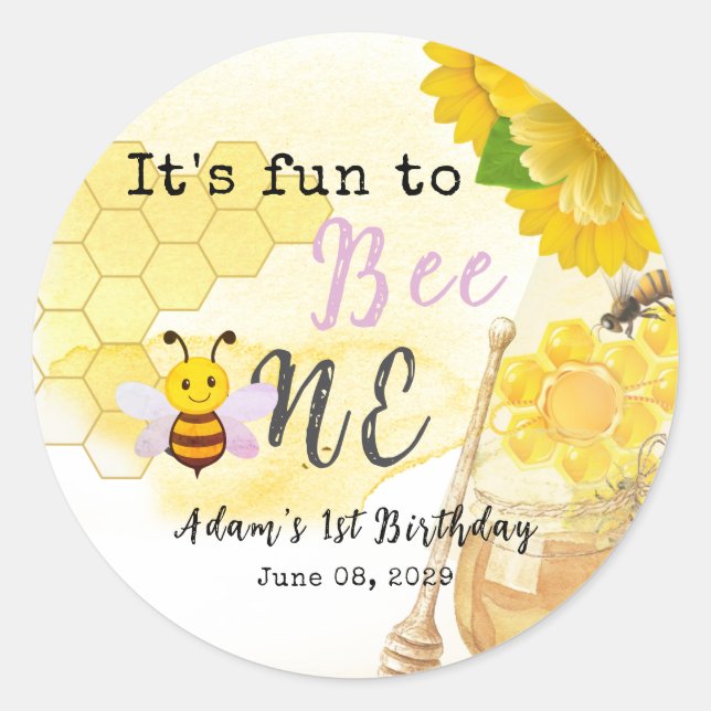 Sweet Honey Lilac Yellow Green Bee 1st Birthday Classic Round Sticker (Front)