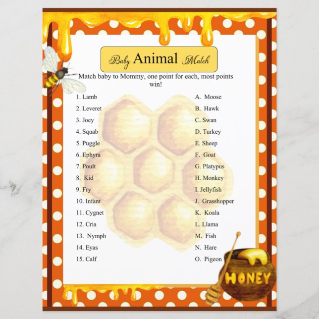 Sweet Honeybee Baby Shower Animal Match Game (Front)
