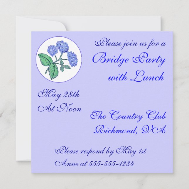 Sweet Hydrangea Bridge Party Invitation (Front)