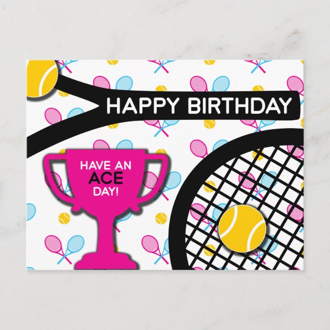 Sweet I love tennis pink and blue Tennis Birthday Postcard (Front)