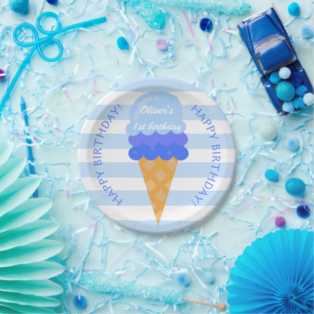 Sweet ice cream 1st birthday party blue boy paper plate (Party)