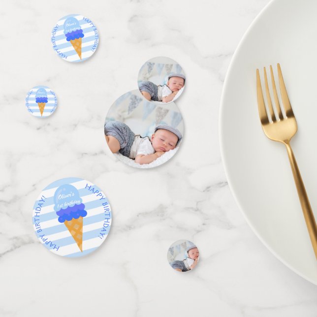Sweet ice cream 1st birthday party blue boy photo confetti (Group)
