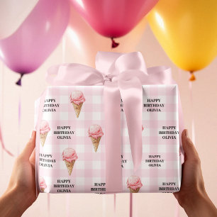 Sweet Ice Cream Birthday Pink Gingham Custom Name Wrapping Paper