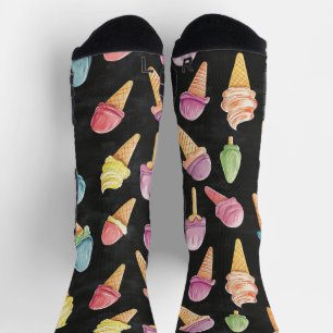 Sweet Ice Cream Chalk Drawing Pattern Black Socks