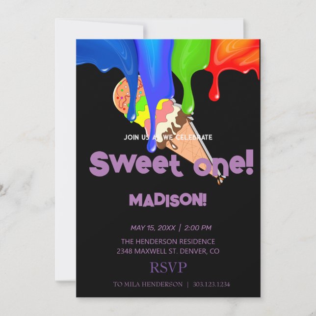Sweet ICE CREAM rainbow colours,  Invitation (Front)