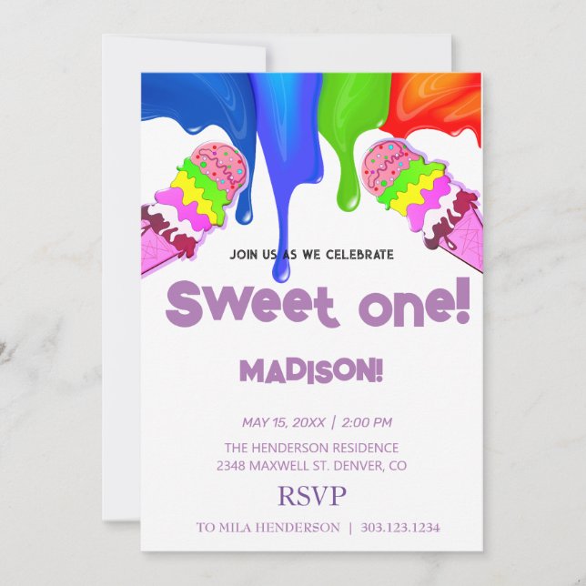 Sweet ICE CREAM rainbow colours,  Invitation (Front)