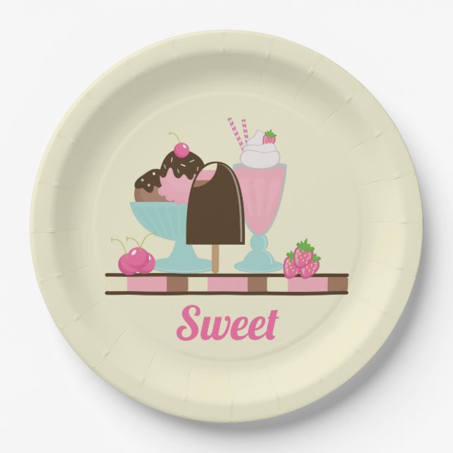 Sweet Ice Cream Sundae & Strawberry Float Paper Plate (Front)