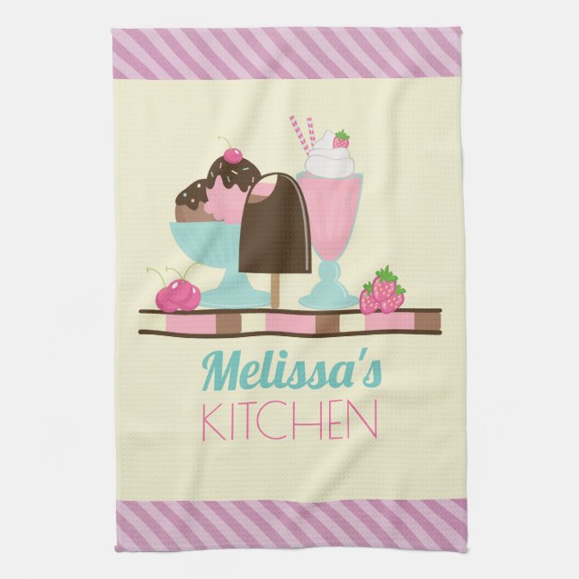 Sweet Ice Cream Sundae & Strawberry Float Tea Towel (Vertical)