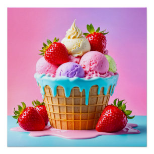 Sweet ice cream with strawberries Glossy Poster