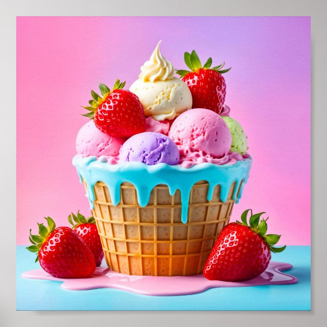 Sweet ice cream with strawberries poster (Front)