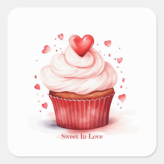 Sweet In Love Hearts Cupcake Valentine's Day Card Square Sticker (Front)