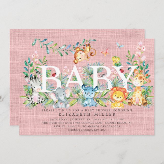 Sweet Jungle Animals Girls Baby Shower Invitation (Front/Back)