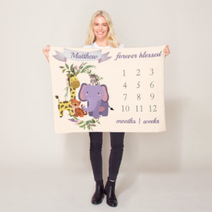 Sweet Jungle Safari Animals Baby Boy Milestone Fleece Blanket