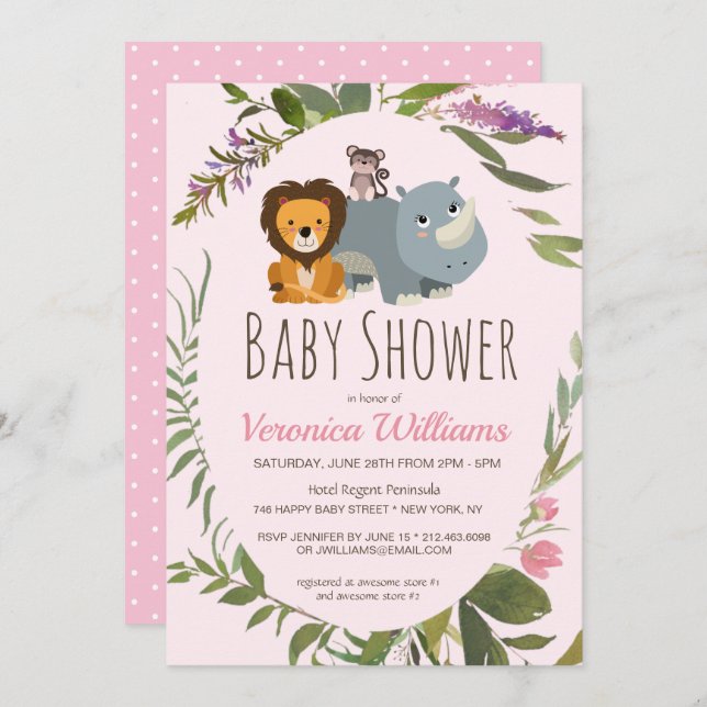Sweet Jungle Safari Animals Pink Girl Baby Shower Invitation (Front/Back)
