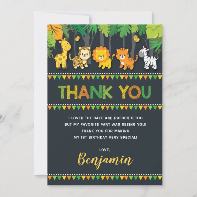 Sweet Jungle Safari Wild Animals 1st Birthday Thank You Card (Front)