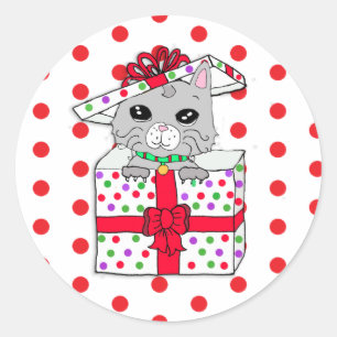 Sweet Kitten in Christmas Gift Box with Polka Dots Classic Round Sticker