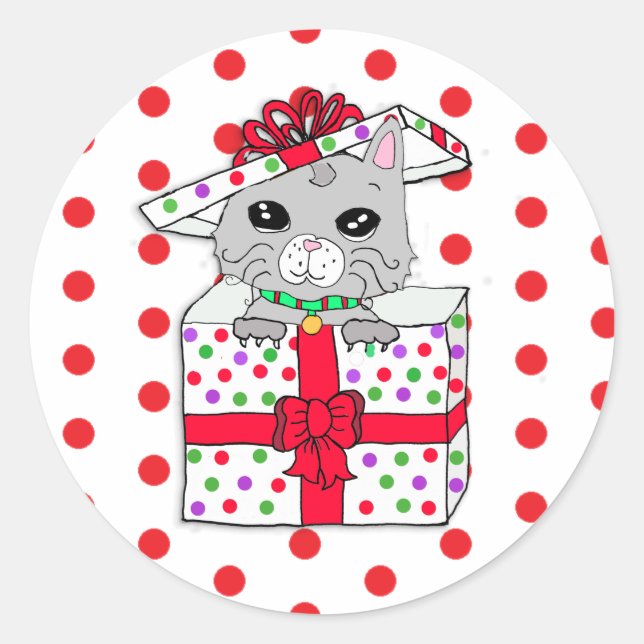 Sweet Kitten in Christmas Gift Box with Polka Dots Classic Round Sticker (Front)