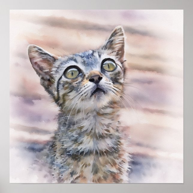 Sweet Kitten Looking Up Watercolor Style Art Poster (Front)