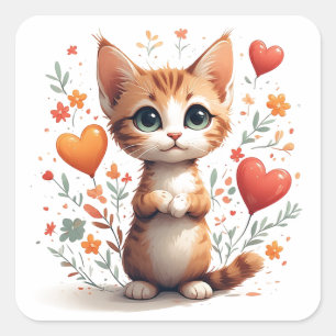 Sweet Kitten With Flower Hearts And Smile 🐾 Square Sticker