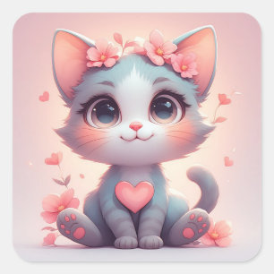Sweet Kitten With Flowers And Love Hearts Cute 🌼 Square Sticker
