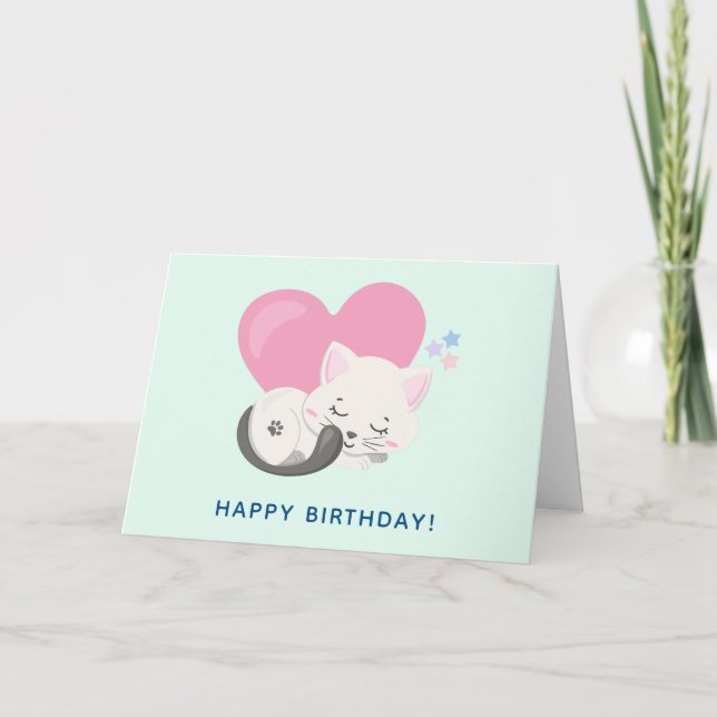Sweet Kitty Cat Sleeping with a Big Heart Birthday Card (Front)