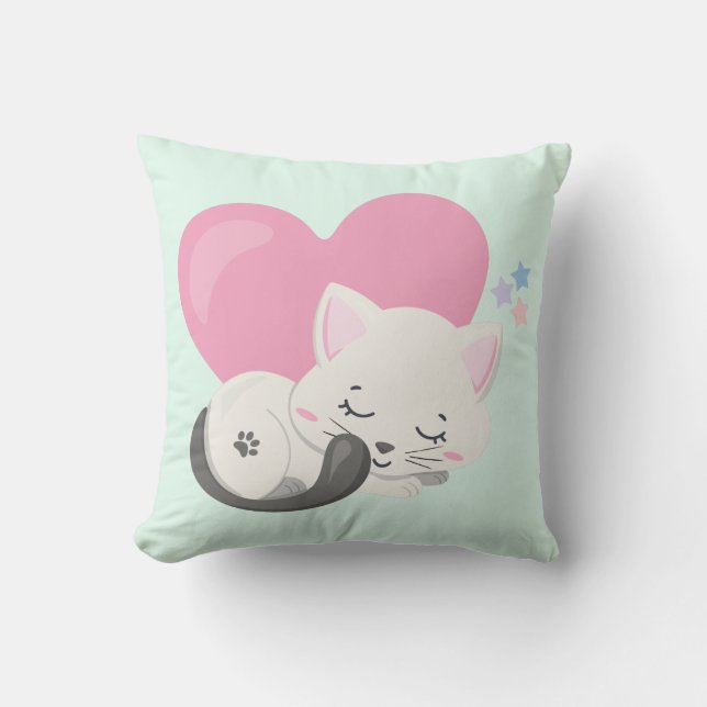 Sweet Kitty Cat Sleeping with a Big Heart in Back Cushion (Front)