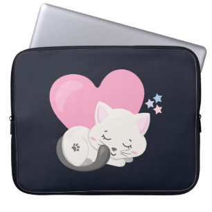 Sweet Kitty Cat Sleeping with a Big Pink Heart Laptop Sleeve