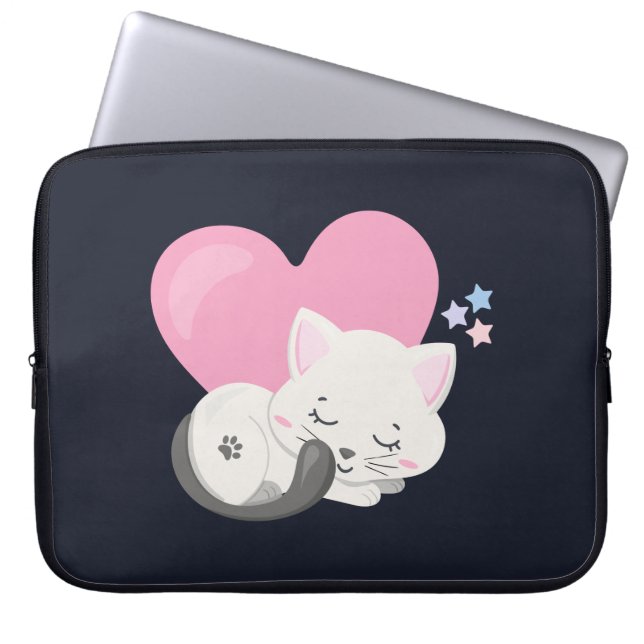 Sweet Kitty Cat Sleeping with a Big Pink Heart Laptop Sleeve (Front)