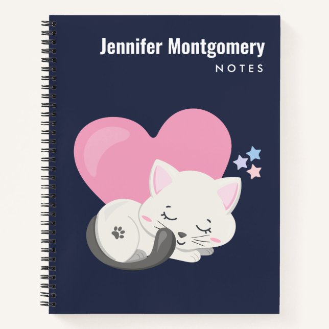 Sweet Kitty Cat Sleeping with a Big Pink Heart Notebook (Front)