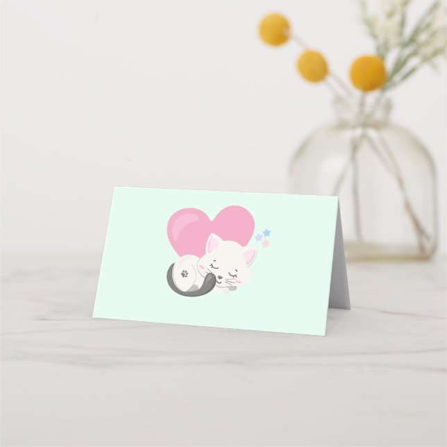 Sweet Kitty Cat Sleeping with a Big Pink Heart Place Card (Front)