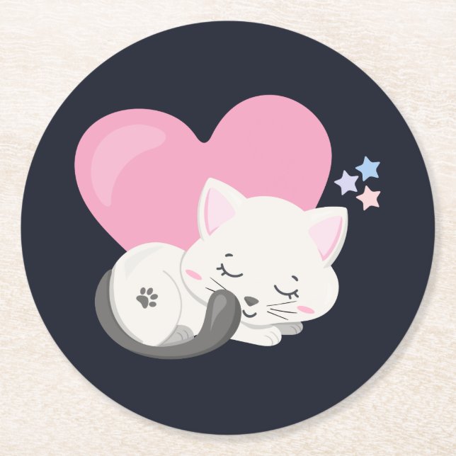 Sweet Kitty Cat Sleeping with a Big Pink Heart Round Paper Coaster (Front)