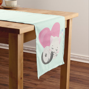Sweet Kitty Cat Sleeping with a Big Pink Heart Short Table Runner