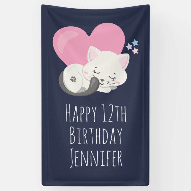 Sweet Kitty Cat Sleeping with Pink Heart Birthday Banner (Vertical)