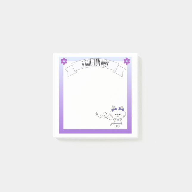 Sweet Kitty Graphic Purple Border Personalised Post-it Notes (Front)