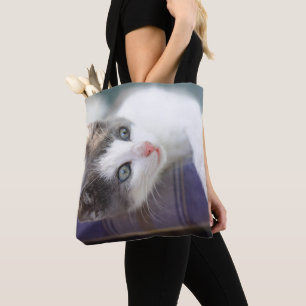 Sweet Kitty In Plaid Bed Tote Bag