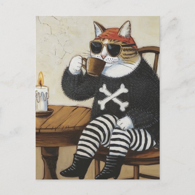 Sweet Kitty Pirate in fuzzy black sweater coffee Postcard (Front)