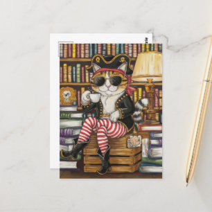 Sweet Kitty Pirate with coffee in a Bookshop Postcard
