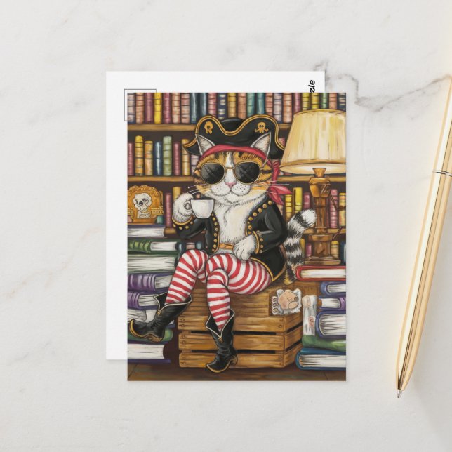Sweet Kitty Pirate with coffee in a Bookshop Postcard (Front/Back In Situ)