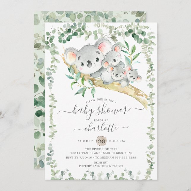 Sweet Koala Bears Triplets Baby Shower Invitation (Front/Back)