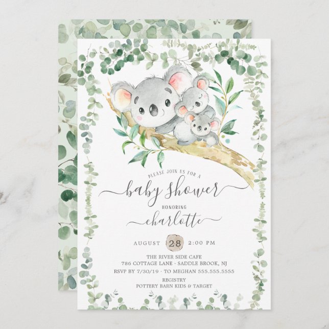 Sweet Koala Bears Twins Baby Shower Invitation (Front/Back)