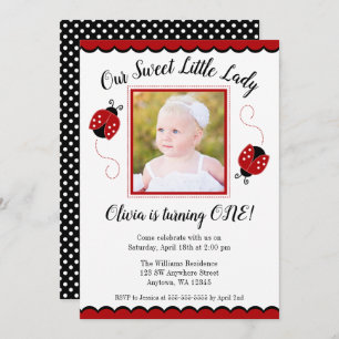 Sweet Ladybug Red Black Photo Birthday Invitations
