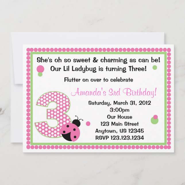 Sweet Ladybug Three Invitation (Front)