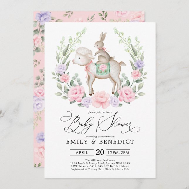 Sweet Lamb & Bunny Rabbit Soft Floral Baby Shower Invitation (Front/Back)