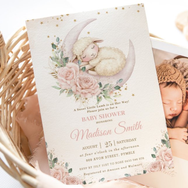 Sweet Lamb Moon Chic Pink Blush Floral Baby Shower Invitation (Creator Uploaded)