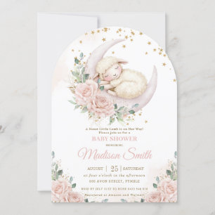 Sweet Lamb Moon Pink Blush Floral Baby Shower Arch Invitation