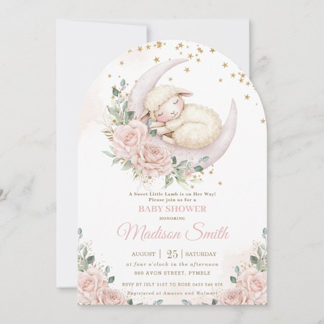Sweet Lamb Moon Pink Blush Floral Baby Shower Arch Invitation (Front)