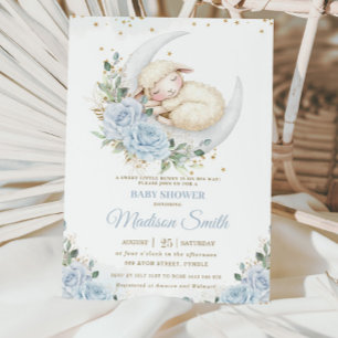 Sweet Lamb Moon Soft Blue Floral Boy Baby Shower Invitation
