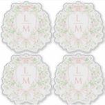 Sweet Leaf Crest w/ Pink Bows | Monogram Wedding<br><div class="desc">The elegant watercolor monogram crest gives this sticker a beautiful and timeless look that any sophisticated bride will love. The crest is framed by watercolored roses and the top and bottom is embellished with pink ribbons. Personalise this sticker with your initials inside the crest at the top. Colours include, light...</div>