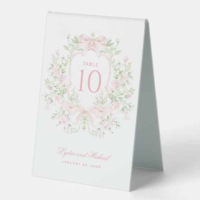 Sweet Leaf Crest with Pink Bows | Table Number (Front)