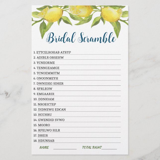 Sweet Lemons & Greenery  Bridal Shower Game (Front)